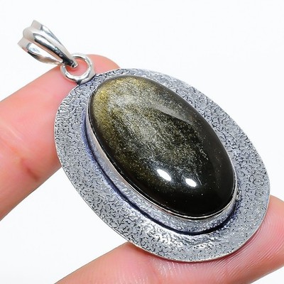 Golden Sheen Obsidian Gemston 925 SterilngSilver Jewelry Pendant Sz 2.3 For Gift
