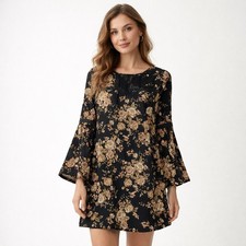 Teezeme Floral Tunic Dress Medium Black Boho Bell Sleeve Lace Detail Women's M