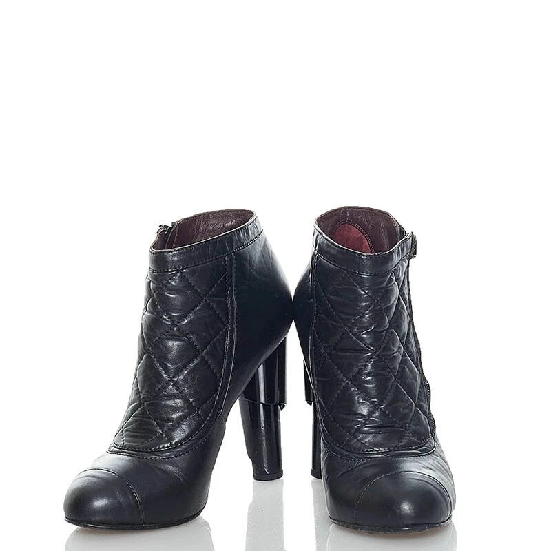 CHANEL MATELASSE Leather Side zip Boots 37.5C Black Auth Women