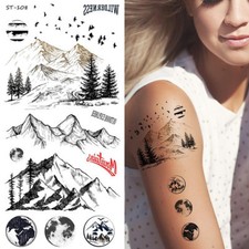 Supperb  Temporary Tattoos - Mountain Outline Moon Tree Birds Wildness Adventure