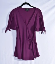 Flower & Feather Women's Size L Wrap Blouse Plum/Maroon Stretch V-neck