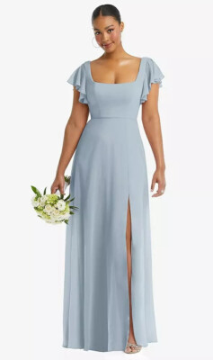 After Six 1568..Flutter Sleeve Scoop Open-Back Chiffon Dress...Mist..Size 18L