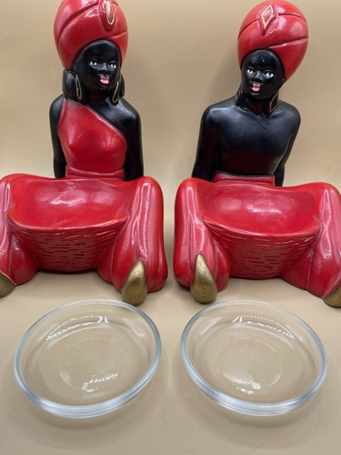 VTG Pair Of MidCentury Blackamoor Chalkware 50s Nubian Genie Ashtray Bowls MCM - Picture 4 of 17
