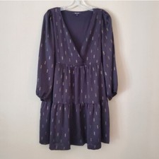 Madewell Mini Dress Womens Sz Medium Black Metallic Jacquard Faux Wrap Tiered
