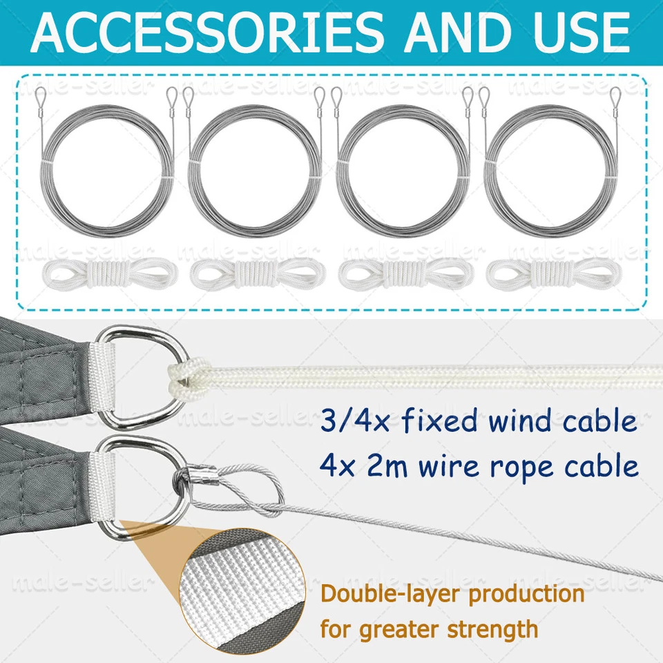 Sun Shade sail Sunscreen Awning Canopy WATERPROOF 98% UV Block with Wire Rope - Image 2 of 4