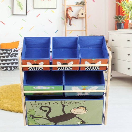 Wooden Kids Children Toy Storage Rack shelf with 6 Bags tidy Organizer Playroom - Picture 6 of 17
