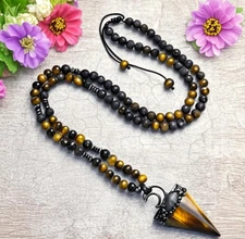 Lava Tiger Eye Mala Healing Amulet Protection Unisex Handmade Pendant Necklace