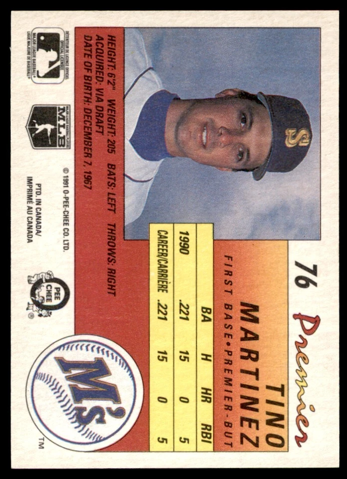 1991 O-Pee-Chee Premier Tino Martinez Seattle Mariners #76 - Image 2 of 2