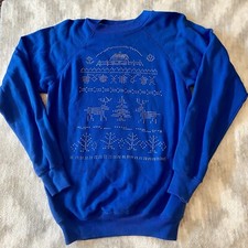 VTG Hanes Sport Raglan Sleeves Sweatshirt Christmas Reindeer Trees Blue Size M