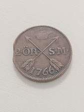 SWEDEN SWEDISH 2 OR ORE coin 1766 lion shield crown crossed arrows T136