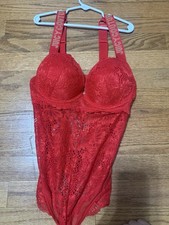 Victoria's Secret Red Lace Underwired Teddy Bodysuit 34D Semi-Transparent