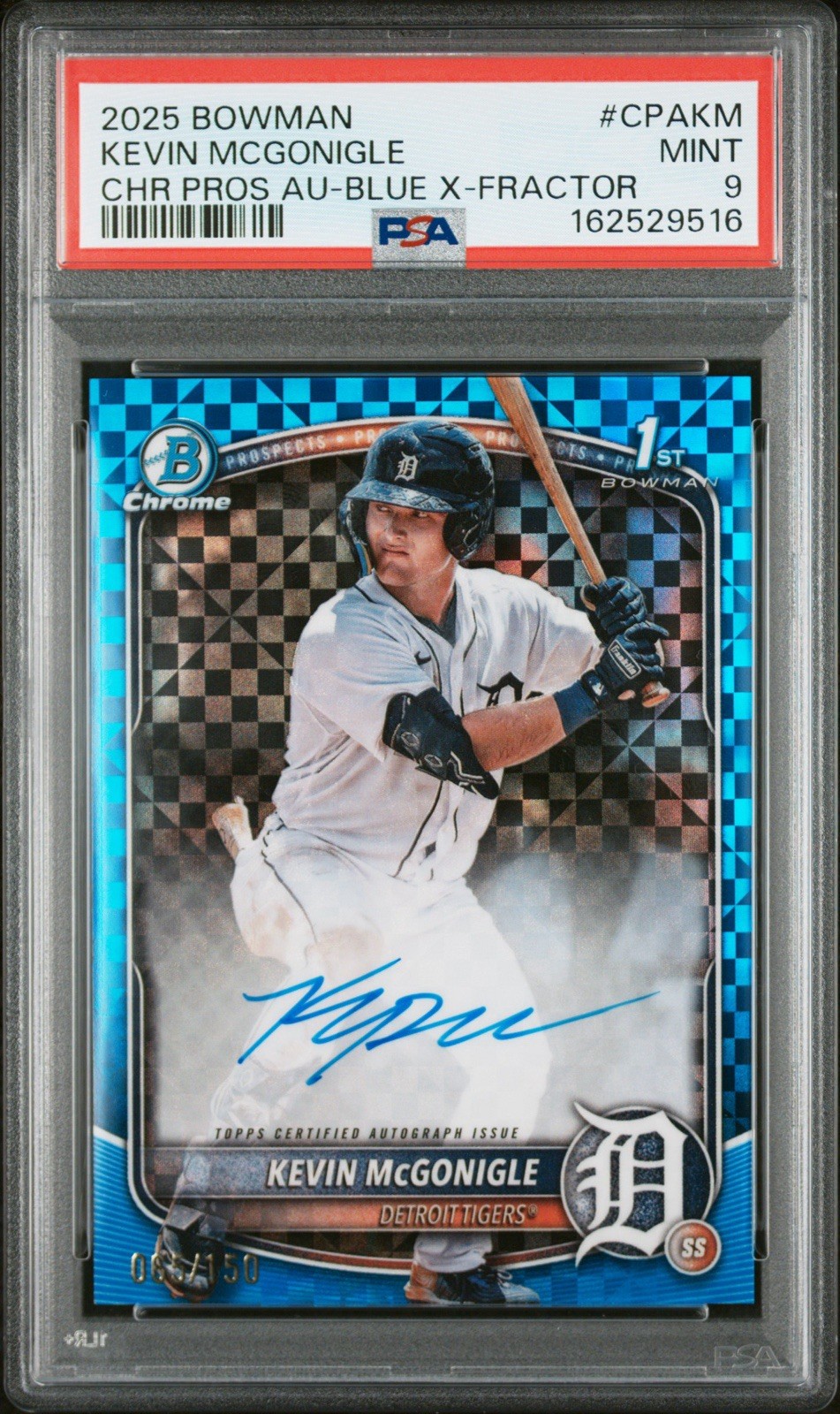 Kevin McGonigle 2025 Bowman Chrome Auto 1st Refractor Blue X-Fractor #/150 PSA 9