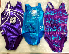 GK Elite Lot Of 3 Leotards With Scrunchies Girls Small And Medium Blue Purple