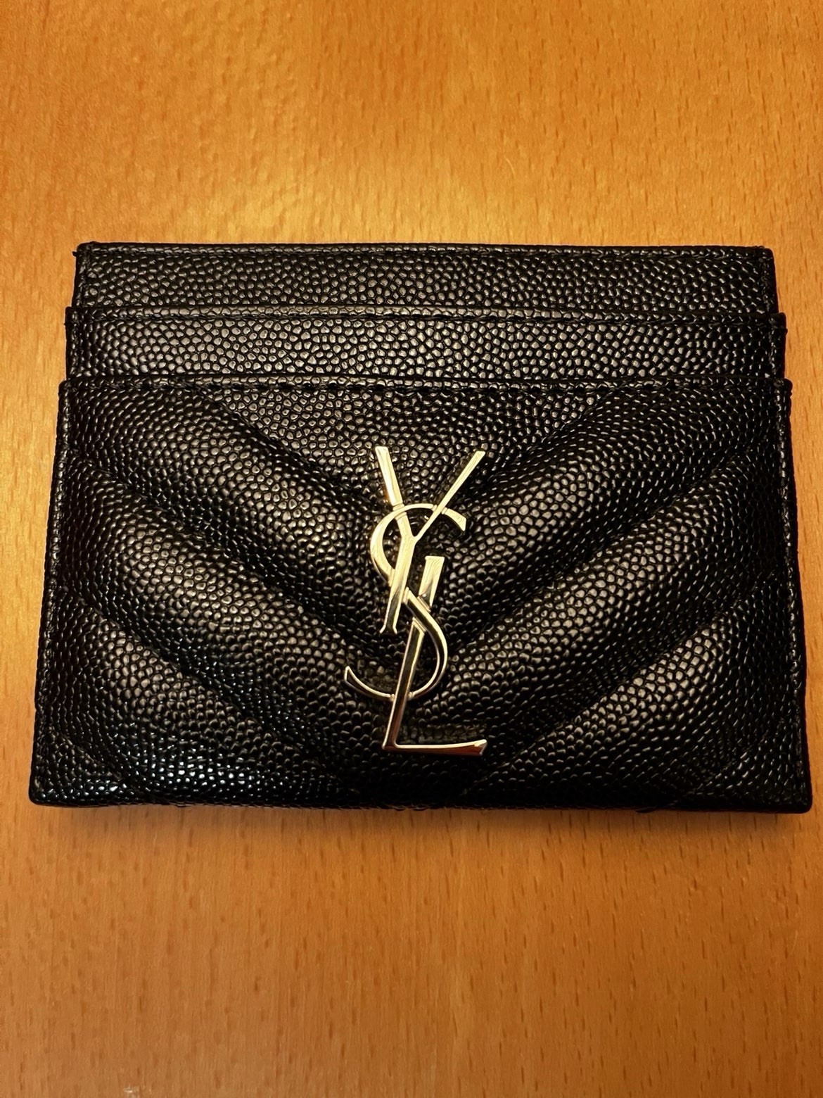 YSL Saint Laurent Card Holder Black Matelassé Chevron Leather Gold Logo