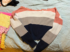 Off the shoulder Navy, pink, and cream striped acrylic  cotton sweater in a S 