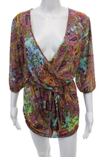 Luli Fama Womens Paisley Print V Neck Tie Waist Mini Dress Multicolor Size M