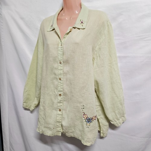 David Dart Embroidered Button Up Top Blouse Shirt Women Size L Green Linen - Picture 5 of 16