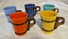 Vintage BAUER Pottery Ring ware 6 oz tumblers w/ wood & copper handles Set of 5