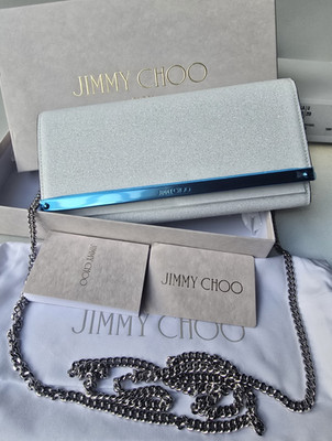 Jimmy Choo Clutch Crossbody Bag White Milk Glitter Silver Chain Choo Logo Milla