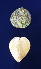 2 VINTAGE ABALONE MOTHER OF PEARL SHELL PENDANTS HEART SHAPED