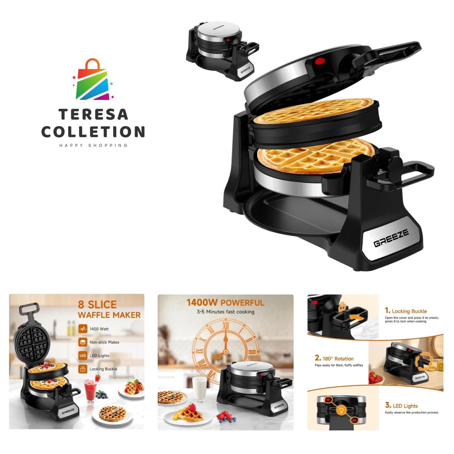 Waffle Maker, Double Belgian Waffle Maker 180°Flip, 1400W Waffle Iron 8 Slice...