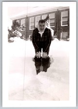 Vtg B&W Snapshot Man By Snowy Building Winter 1950s
