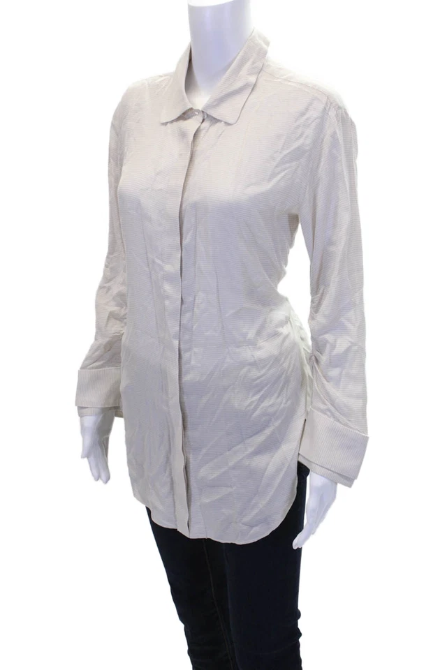 Halston Heritage Womens Striped Long Sleeves Button Down Blouse White Size 2 - Image 2 of 4
