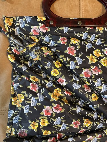 Cartera bolso paraguas floral negro vinilo vintage 1960 con asas - Imagen 2 de 16