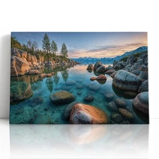 Clear Water Lake Canvas Print Wall Art – Mountain Rocks Nature Landscape Decor