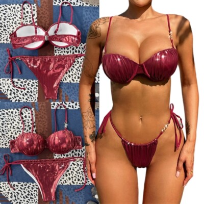 Women Lacing Bathing Suit Set Thong Beachwears Solid Strappy Swimwears