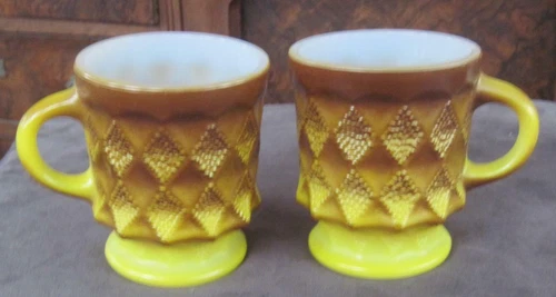 Two Anchor Hocking Kimberly Diamond Brown & Yellow Mugs