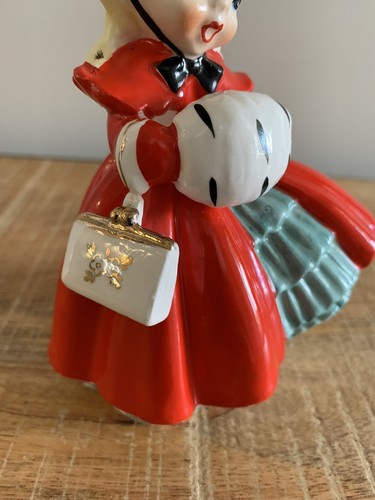 Vintage 1950 ‘s Napco Christmas Shopper Girl Red Coat, Muff, And Purse Excellent - Picture 6 of 15