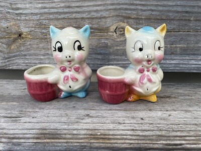 Vintage Shawnee Pig Planters Nursery Flower Pot Pink Blue White Porky Pottery  