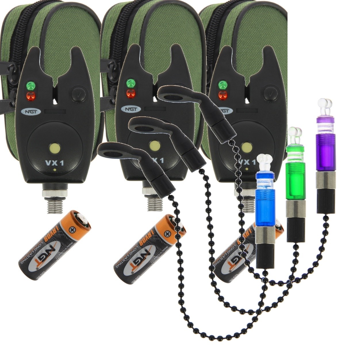 Carp Fishing Bite Alarms x3 NGT VX1 with Profiler Bite Indicators and Batteries