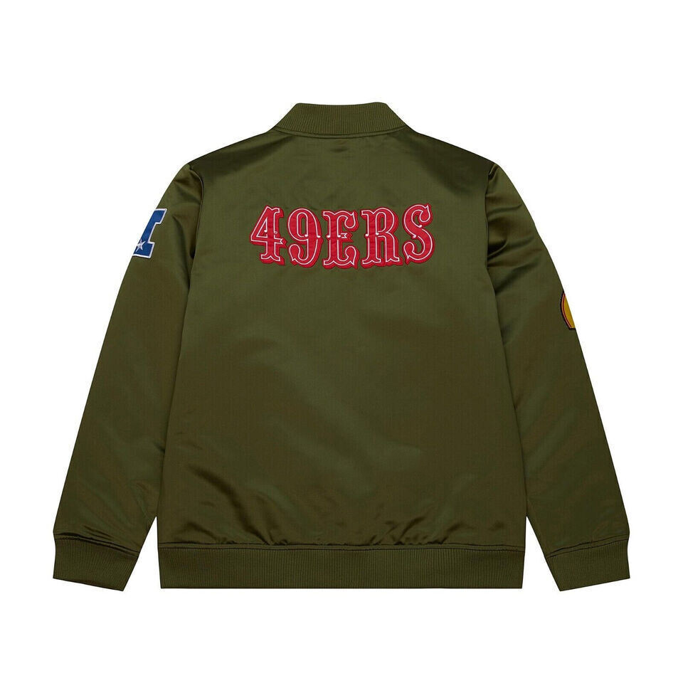 49ERS NFL ジャケット オリーブグリーン Men's Varsity 49ers Satin Olive Green Bomber Varsity Jacket
