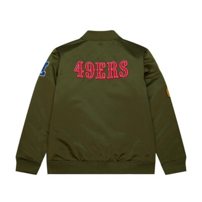 49ERS NFL ジャケット オリーブグリーン Men's Varsity 49ers Satin Olive Green Bomber Varsity Jacket