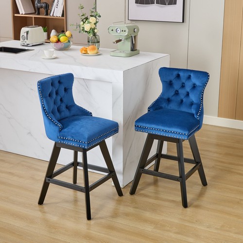 2Set 25.9" Height Swivel Velvet Barstools Button Tufted Bar Chairs Wooden Legs - Picture 15 of 17