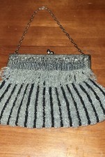 Antique 1910s Art Nouveau Black and Silver Glass Bead Handbag