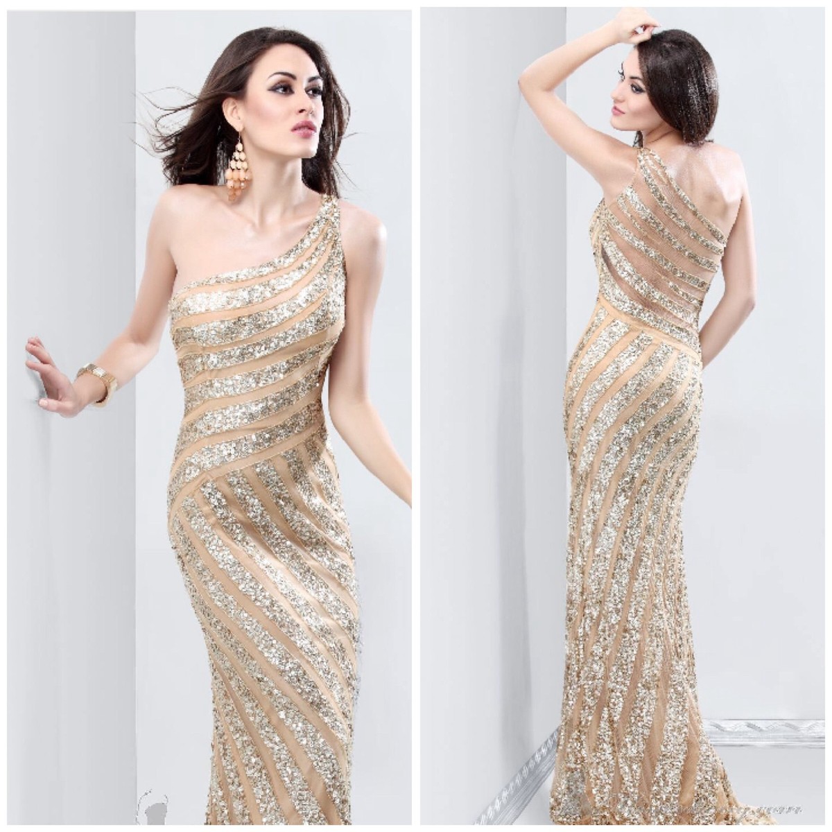 Primavera couture gold one shoulder beaded gown with illusion back