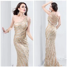 Primavera couture gold one shoulder  beaded gown with illusion back msrp$432