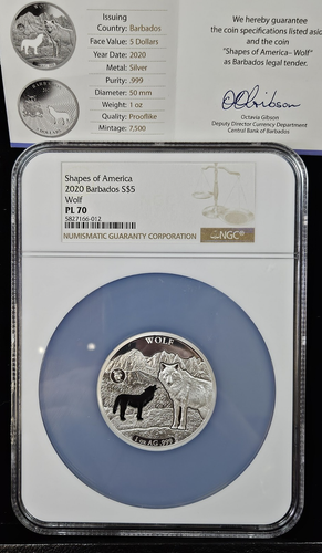 2020 Barbados-Shapes of America "Wolf" 1oz .999 Fine Silver- NGC PL 70 with COA
