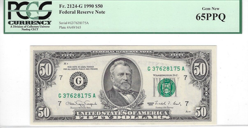 1990 $50 Fr 2124G PCGS 65PPQ Gem new Chicago S/N G37628175A bright green seal