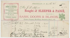 1870 Sleeper & Paige Billhead Franklin NH Window Sash Doors Blinds Lumber Glass