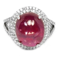 925 STERLING SILVER RING GENUINE RED RUBY OVAL CABOCHON  WHITE CZ SIZE 8.5