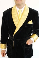 Mens Smoking Jacket Quilted Golden Lapel Black Velvet Dressing Gown Robe