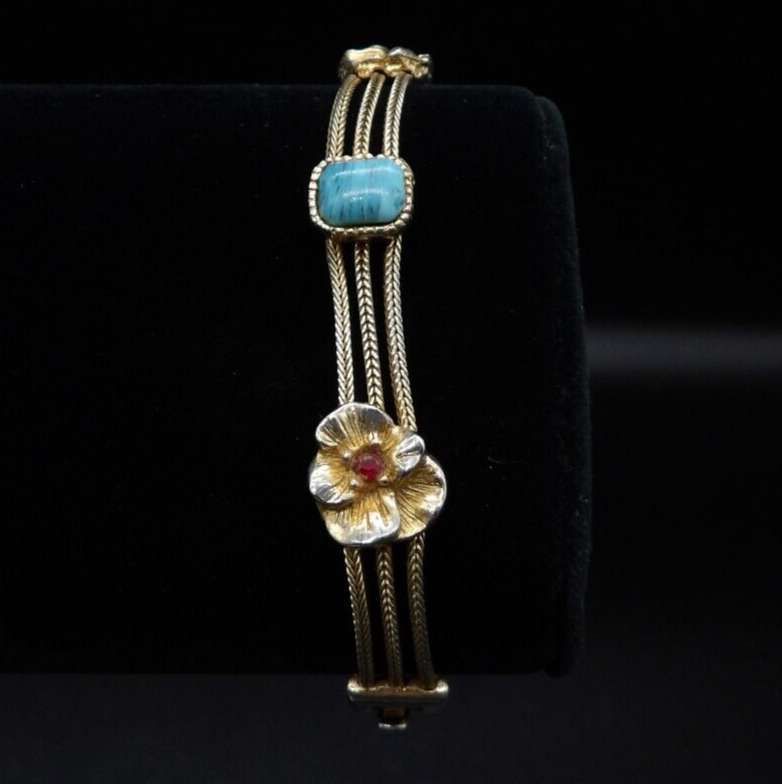 Vintage Gold-Tone Multi-Chain Bracelet with Floral Rhinestone Stations 7.25 Inch