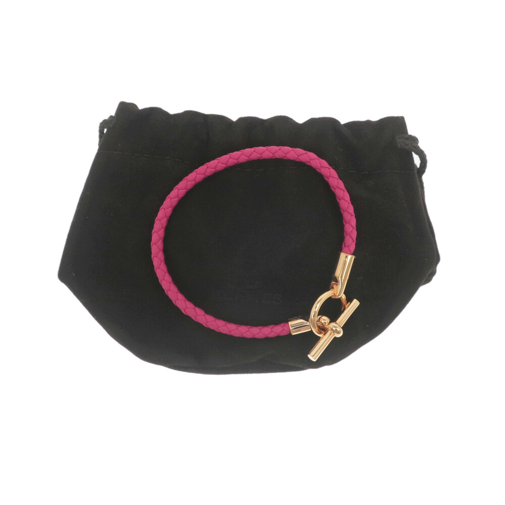 HERMES Glenan Bracelet Rose Mexico Braided Leather Gold Plated