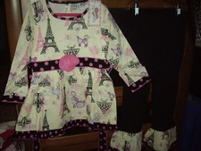 NWT Girls Size6 Ann Loren 2pc Bonjour Outfit Tunic Top Ruffle Pants Paris Eiffel