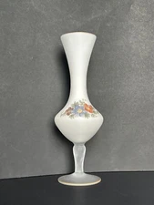 Vintage 10” Norleans Satin Frosted Glass Footed Bud Vase Hand Painted Flowers