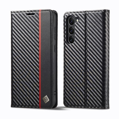 For Samsung S25 Ultra S24 Plus Cover Carbon Fiber Flip Leather Holder Phone Case